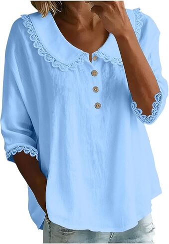 Womens Peter Pan Collar Shirt 3/4 Sleeve Button Up Spring Summer Scalloped Trim Casual Work Vintage Blouse Tops in Saudi Arabia