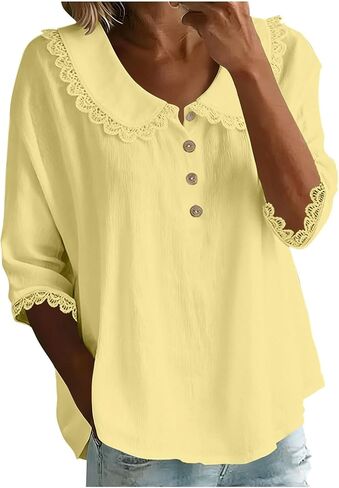 Womens Peter Pan Collar Shirt 3/4 Sleeve Button Up Spring Summer Scalloped Trim Casual Work Vintage Blouse Tops in Saudi Arabia