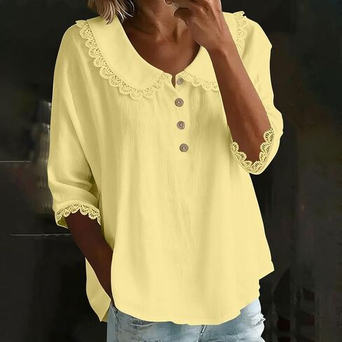 Womens Peter Pan Collar Shirt 3/4 Sleeve Button Up Spring Summer Scalloped Trim Casual Work Vintage Blouse Tops in Saudi Arabia