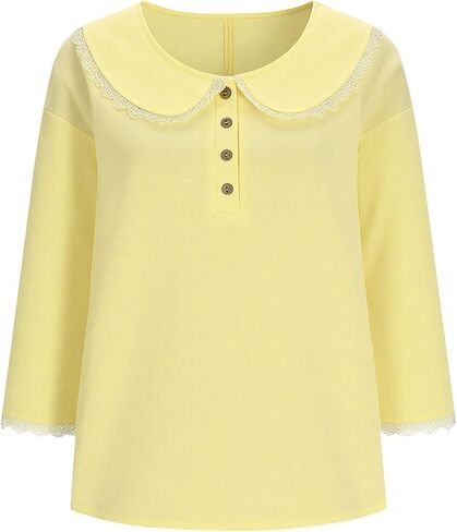 Womens Peter Pan Collar Shirt 3/4 Sleeve Button Up Spring Summer Scalloped Trim Casual Work Vintage Blouse Tops in Saudi Arabia