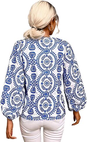 Women's Sky Blue Vintage Geometric Print Puff Sleeve Slit V Neck Shirt in Kuwait