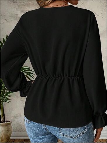 Women's Plus Size Tie Front Peplum Blouse Dressy Casual V Neck Ruffle Long Sleeve Shirts Work Office Tops in Saudi Arabia