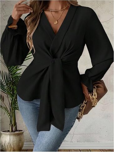Women's Plus Size Tie Front Peplum Blouse Dressy Casual V Neck Ruffle Long Sleeve Shirts Work Office Tops in Saudi Arabia