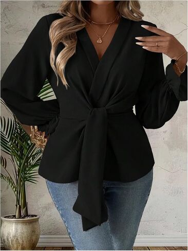 Women's Plus Size Tie Front Peplum Blouse Dressy Casual V Neck Ruffle Long Sleeve Shirts Work Office Tops in Saudi Arabia