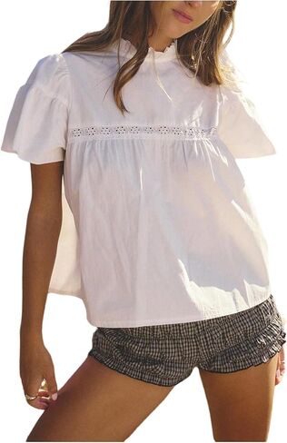 Floerns Women's Cute Puff Sleeve Blouses Frill Mock Neck Vintage Babydoll Tops in Saudi Arabia
