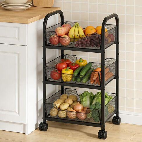 سلة خضروات فواكه من 3 طبقات للمطبخ، وتخزين الفواكه والخضروات مع عجلات دوارة، عربة معدنية لتنظيم الوجبات الخفيفة من الخضروات والبصل والبطاطس، 15.75 بوصة × 11.81 بوصة × 27.95 بوصة، أسود in Kuwait