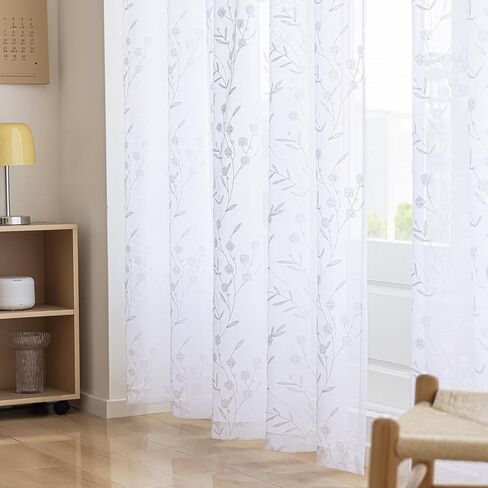 ستائر بيضاء شفافة مطرزة بطول 63 بوصة، ستائر فوال بجيب قضيب لغرفة المعيشة، غرفة النوم، معالجة النوافذ، ألواح ستائر بنمط شبه زهرة للمطبخ، الفناء، المزرعة، مجموعة من 2، 52 بوصة × 63 بوصة. in Kuwait