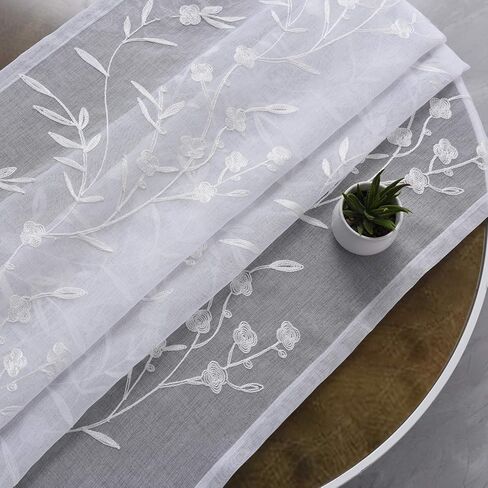 ستائر بيضاء شفافة مطرزة بطول 63 بوصة، ستائر فوال بجيب قضيب لغرفة المعيشة، غرفة النوم، معالجة النوافذ، ألواح ستائر بنمط شبه زهرة للمطبخ، الفناء، المزرعة، مجموعة من 2، 52 بوصة × 63 بوصة. in Kuwait