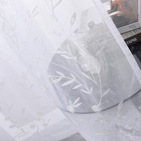 ستائر بيضاء شفافة مطرزة بطول 63 بوصة، ستائر فوال بجيب قضيب لغرفة المعيشة، غرفة النوم، معالجة النوافذ، ألواح ستائر بنمط شبه زهرة للمطبخ، الفناء، المزرعة، مجموعة من 2، 52 بوصة × 63 بوصة. in Kuwait