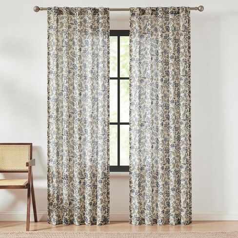 Lush Decor Lillian Block Print Linen Textured Window Curtain Panels Pair 37" W x 84" L Blue & Sage - Floral Curtains - Block Print - Vintage Decor in Saudi Arabia