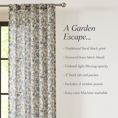 Lush Decor Lillian Block Print Linen Textured Window Curtain Panels Pair 37" W x 84" L Blue & Sage - Floral Curtains - Block Print - Vintage Decor in Saudi Arabia