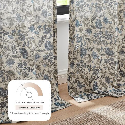 Lush Decor Lillian Block Print Linen Textured Window Curtain Panels Pair 37" W x 84" L Blue & Sage - Floral Curtains - Block Print - Vintage Decor in Saudi Arabia