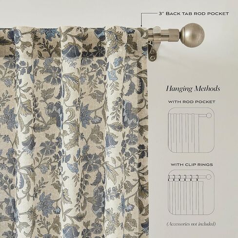 Lush Decor Lillian Block Print Linen Textured Window Curtain Panels Pair 37" W x 84" L Blue & Sage - Floral Curtains - Block Print - Vintage Decor in Saudi Arabia