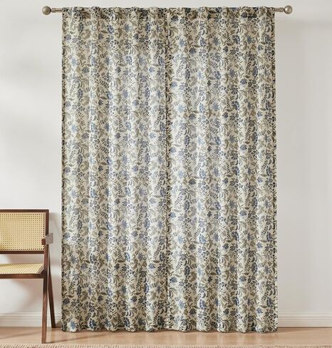 Lush Decor Lillian Block Print Linen Textured Window Curtain Panels Pair 37" W x 84" L Blue & Sage - Floral Curtains - Block Print - Vintage Decor in Saudi Arabia