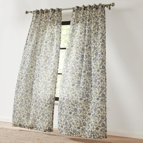 Lush Decor Lillian Block Print Linen Textured Window Curtain Panels Pair 37" W x 84" L Blue & Sage - Floral Curtains - Block Print - Vintage Decor in Saudi Arabia