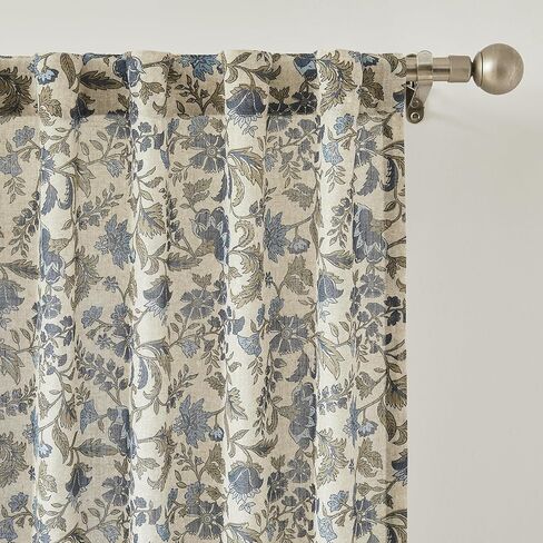 Lush Decor Lillian Block Print Linen Textured Window Curtain Panels Pair 37" W x 84" L Blue & Sage - Floral Curtains - Block Print - Vintage Decor in Saudi Arabia