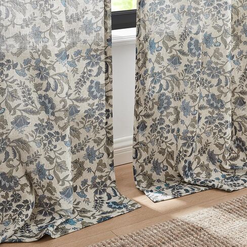Lush Decor Lillian Block Print Linen Textured Window Curtain Panels Pair 37" W x 84" L Blue & Sage - Floral Curtains - Block Print - Vintage Decor in Saudi Arabia