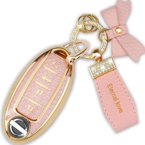 Key Fob Cover with Diamond Keychain for Nissan Car Key Shell Compatible with Nissan Altima Rogue Sentra Pathfinder Frontier Maxima Titan Murano Kicks Juke Versa (4 Buttons-Pink Bowknot) in Saudi Arabia