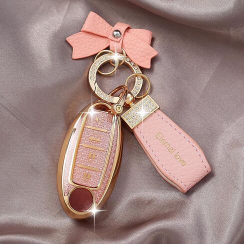Key Fob Cover with Diamond Keychain for Nissan Car Key Shell Compatible with Nissan Altima Rogue Sentra Pathfinder Frontier Maxima Titan Murano Kicks Juke Versa (4 Buttons-Pink Bowknot) in Saudi Arabia