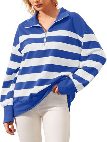 Quarter Zip Sweatshirts 2025 Women Oversized Striped Pullover Tops Lapel Collar Long Sleeve Sweater Shirts Y2K Clothes in Kuwait
