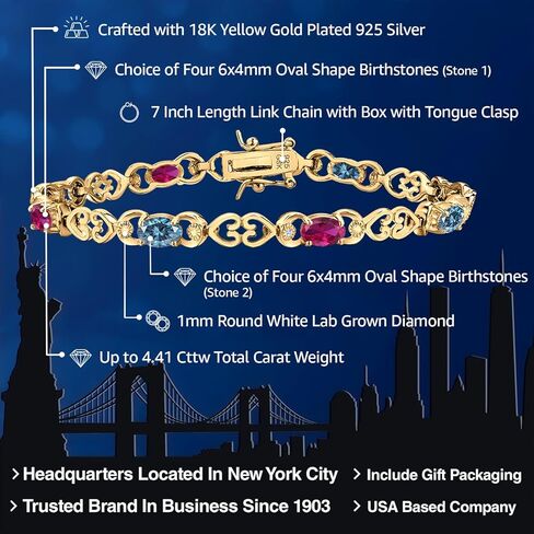 Gem Stone King 18K الذهب الأصفر مطلي بالفضة شخصية ومخصصة بيضاوية 6X4MM 8 أحجار كريمة جوهرة وسوار ألماس مختبري للنساء in Saudi Arabia