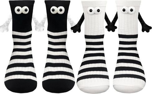 2 Pairs Magnetic Holding Hands Socks Funny Gifts For Couples, Anniversary, Best Friends, Engagements Black White Stripe Cotton Hand Holding Cute Socks Novelty Birthday Gifts for Men Women in Kuwait