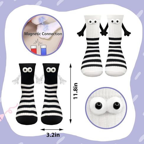 2 Pairs Magnetic Holding Hands Socks Funny Gifts For Couples, Anniversary, Best Friends, Engagements Black White Stripe Cotton Hand Holding Cute Socks Novelty Birthday Gifts for Men Women in Kuwait