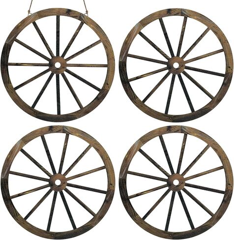 Sekonow 4 Pack Wagon Wheel Decor, 12in Wooden Western Cowboy Party Decorations, Vintage Rustic Wood Cartwheel Country Wall Decor for Home Room Garden Outdoor, Hang or Stick in Kuwait
