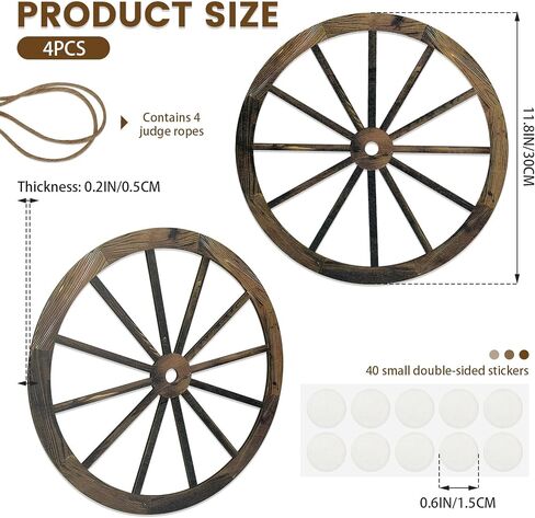 Sekonow 4 Pack Wagon Wheel Decor, 12in Wooden Western Cowboy Party Decorations, Vintage Rustic Wood Cartwheel Country Wall Decor for Home Room Garden Outdoor, Hang or Stick in Kuwait