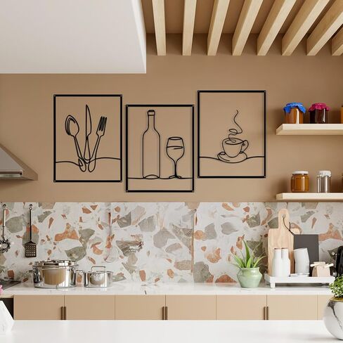 Afcabakila 3 قطع فنية جدارية معدنية، ديكور حائط لغرفة الطعام، ديكور مطبخ ريفي مقاس 14 × 11 بوصة، فن جدران المطبخ البسيط للمنزل وغرفة المعيشة وهدايا الانتقال لمنزل جديد (أسود) in Kuwait