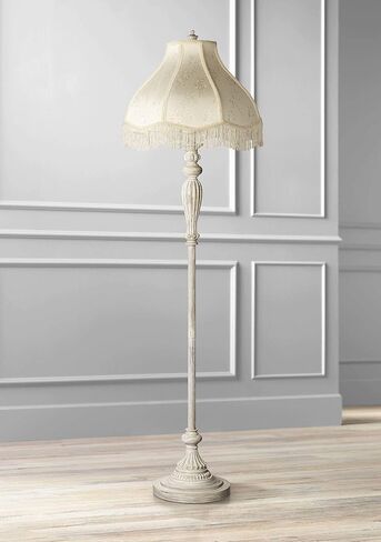 360 Lighting Traditional Vintage Shabby Chic Floor Lamp Standing 60" Tall Antique White Victorian Cream Scallop Fabric Dome Shade with Fringe Cottage Core Decor for Living Room Reading House Bedroom in Saudi Arabia