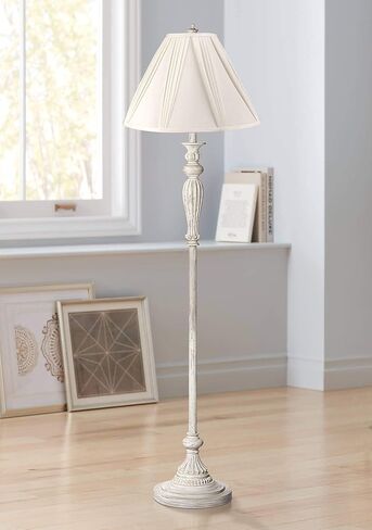 360 Lighting Traditional Vintage Shabby Chic Floor Lamp Standing 60" Tall Antique White Victorian Cream Scallop Fabric Dome Shade with Fringe Cottage Core Decor for Living Room Reading House Bedroom in Saudi Arabia
