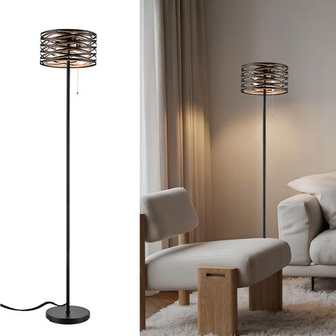 Farmhouse Black 2-Light Floor Lamp Metal Structure Wood Grain Shade with Pull Chain Switch for Living Room, Bedroom, Reading Room in Saudi Arabia