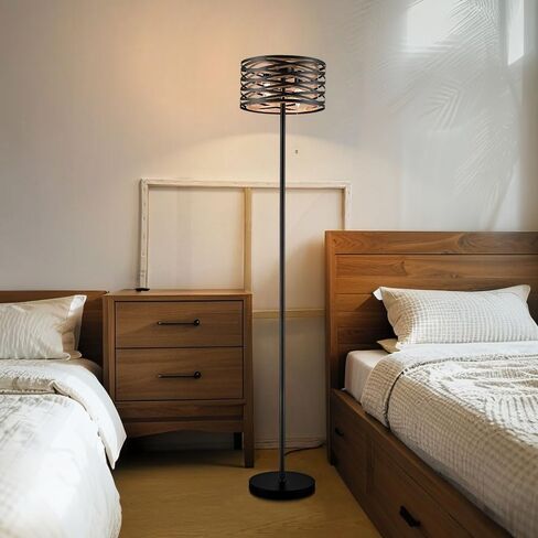 Farmhouse Black 2-Light Floor Lamp Metal Structure Wood Grain Shade with Pull Chain Switch for Living Room, Bedroom, Reading Room in Saudi Arabia
