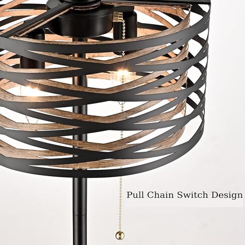 Farmhouse Black 2-Light Floor Lamp Metal Structure Wood Grain Shade with Pull Chain Switch for Living Room, Bedroom, Reading Room in Saudi Arabia