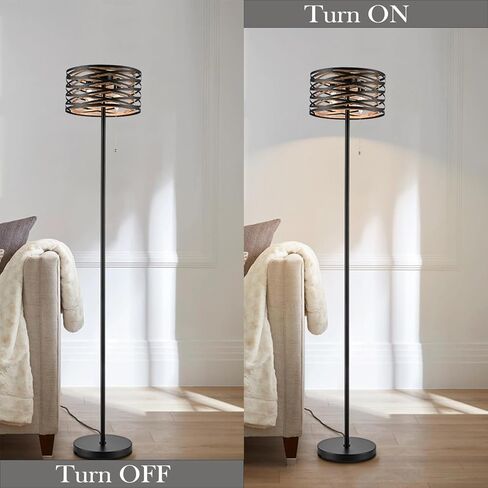 Farmhouse Black 2-Light Floor Lamp Metal Structure Wood Grain Shade with Pull Chain Switch for Living Room, Bedroom, Reading Room in Saudi Arabia