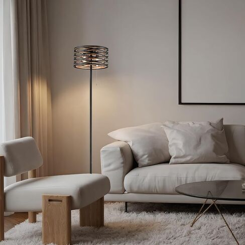Farmhouse Black 2-Light Floor Lamp Metal Structure Wood Grain Shade with Pull Chain Switch for Living Room, Bedroom, Reading Room in Saudi Arabia