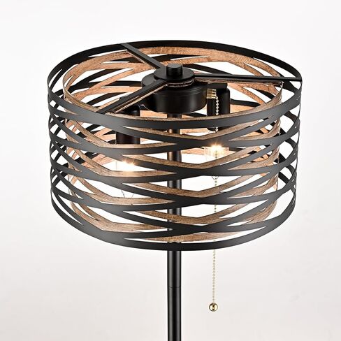 Farmhouse Black 2-Light Floor Lamp Metal Structure Wood Grain Shade with Pull Chain Switch for Living Room, Bedroom, Reading Room in Saudi Arabia