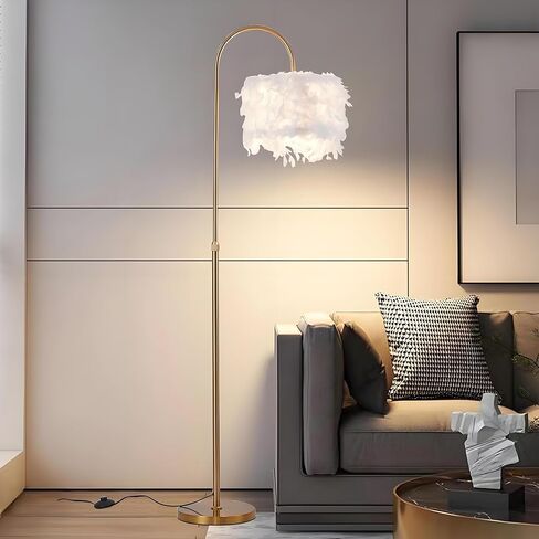 Arc Feather Floor Lamp, Gold Modern LED Feather Standing Lamp, Natural Feather Decorative Tall Lamp with Foot Switch, Brass/Gold Finish, for Living Room Bedroom Office Shop Window in Saudi Arabia