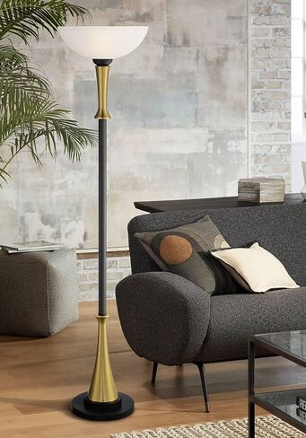 Possini Euro Design Burbank Modern Mid Century Art Deco Torchiere Floor Lamp Standing 70" Tall Black Brass Metal Frosted White Glass Bowl Shade for Living Room Reading House Bedroom Home Office in Saudi Arabia