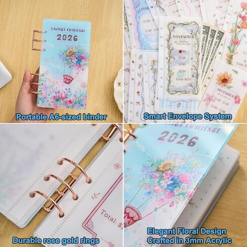 2026 Monthly Savings Challenge Book with A6 Acrylic Binder,saving $2,026 in 2026 Floral Themed Tracking,12 Month Budget Cash Stuffing Tracker Cash Envelopes in Kuwait
