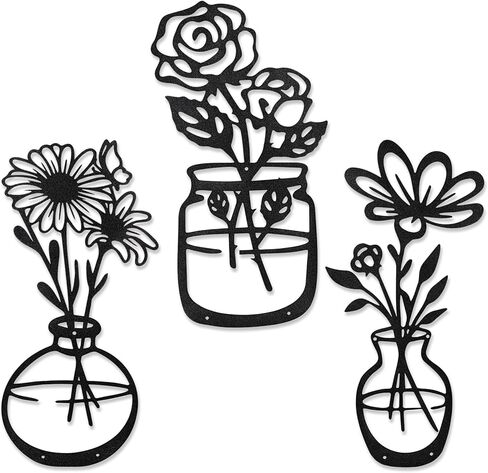 لوحة فنية جدارية معدنية من Qishiyi - 3 قطع ديكور زهرة سوداء، منحوتة معلقة من الحديد الريفي للمطبخ الداخلي والخارجي وحديقة الحمام in Kuwait