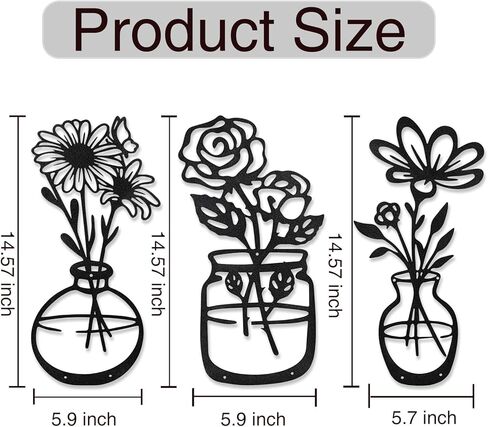 لوحة فنية جدارية معدنية من Qishiyi - 3 قطع ديكور زهرة سوداء، منحوتة معلقة من الحديد الريفي للمطبخ الداخلي والخارجي وحديقة الحمام in Kuwait