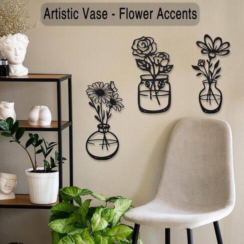 لوحة فنية جدارية معدنية من Qishiyi - 3 قطع ديكور زهرة سوداء، منحوتة معلقة من الحديد الريفي للمطبخ الداخلي والخارجي وحديقة الحمام in Kuwait