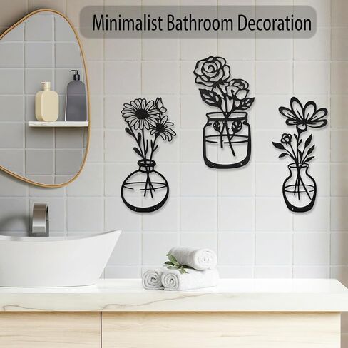 لوحة فنية جدارية معدنية من Qishiyi - 3 قطع ديكور زهرة سوداء، منحوتة معلقة من الحديد الريفي للمطبخ الداخلي والخارجي وحديقة الحمام in Kuwait