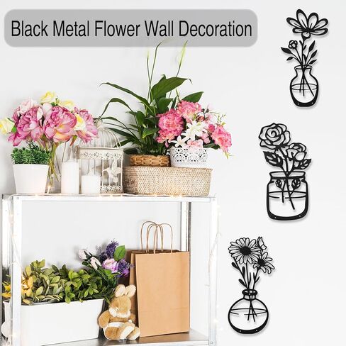 لوحة فنية جدارية معدنية من Qishiyi - 3 قطع ديكور زهرة سوداء، منحوتة معلقة من الحديد الريفي للمطبخ الداخلي والخارجي وحديقة الحمام in Kuwait