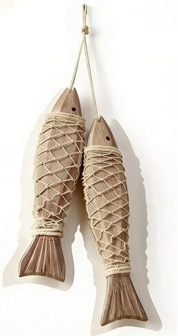 HPZIHYNAP شبكة صيد خشبية لديكور الأسماك الخشبية مع اثنين من زخارف الأسماك الصغيرة على الطراز البحري، على شكل سمكة، ديكور لموضوع الصيد، لمسة فنية جدارية لمنزل البحيرة in Kuwait