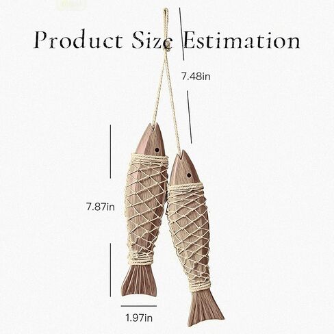 HPZIHYNAP شبكة صيد خشبية لديكور الأسماك الخشبية مع اثنين من زخارف الأسماك الصغيرة على الطراز البحري، على شكل سمكة، ديكور لموضوع الصيد، لمسة فنية جدارية لمنزل البحيرة in Kuwait