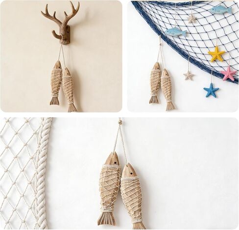 HPZIHYNAP شبكة صيد خشبية لديكور الأسماك الخشبية مع اثنين من زخارف الأسماك الصغيرة على الطراز البحري، على شكل سمكة، ديكور لموضوع الصيد، لمسة فنية جدارية لمنزل البحيرة in Kuwait