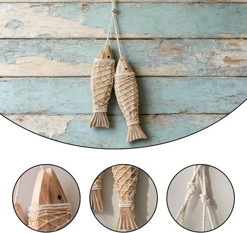 HPZIHYNAP شبكة صيد خشبية لديكور الأسماك الخشبية مع اثنين من زخارف الأسماك الصغيرة على الطراز البحري، على شكل سمكة، ديكور لموضوع الصيد، لمسة فنية جدارية لمنزل البحيرة in Kuwait